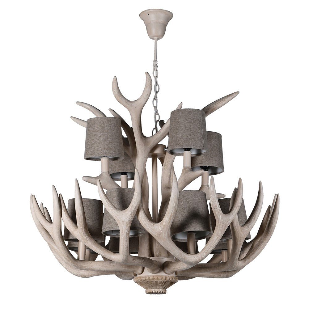 12 Bulb Antler Chandelier with Cotton Shades