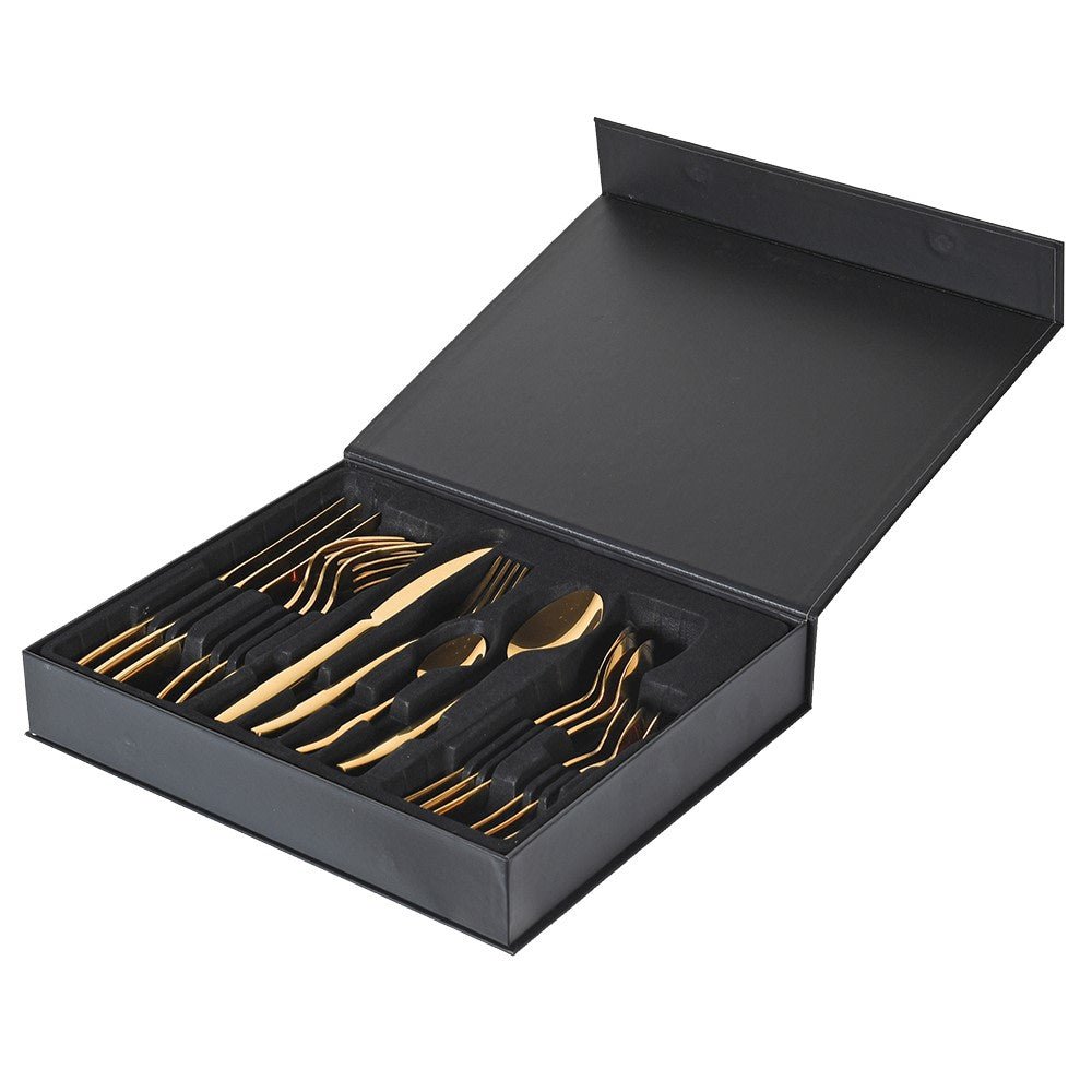 16 - Piece Elegant Gold Cutlery Set in Black Box - LUXONAS