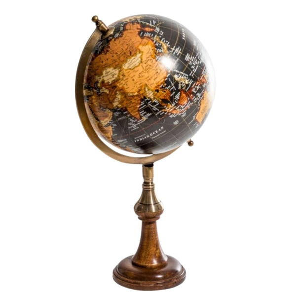 Antique Black Globe with Brass and Wood Stand