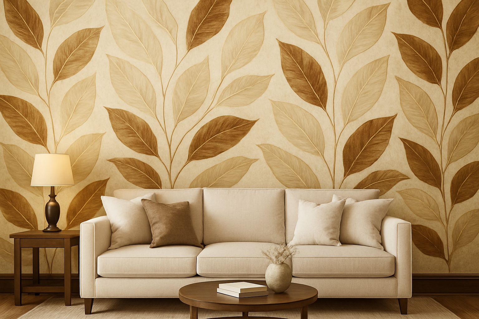 create a wallpaper with leaves in cream and brown color, behind a sofa in a living room area
