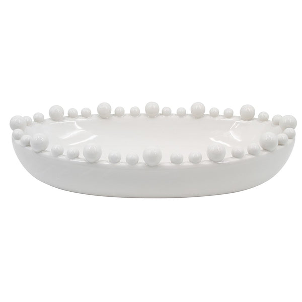 Elegant White Oval Ceramic Bowl with Decorative Rim Balls