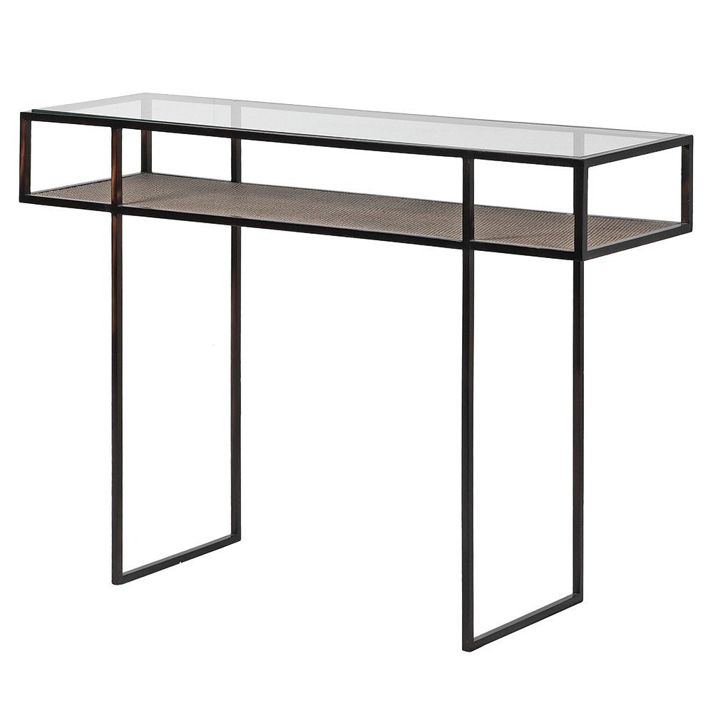 Glass Top Console with Rattan Shelf
