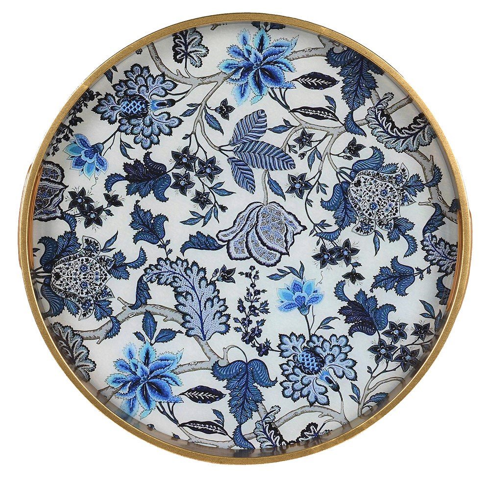 Gold Rim Blue Floral Tray - Elegant Serving and Decorative Piece - LUXONAS
