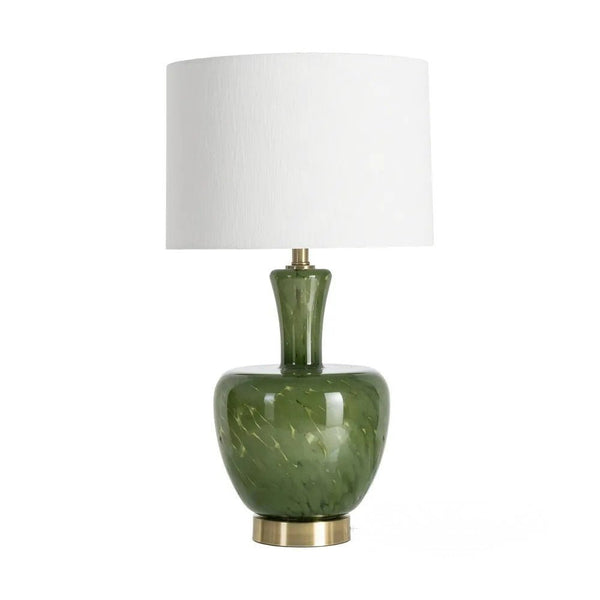 Green Glass and Metal Base Table Lamp with Linen Fabric Shade