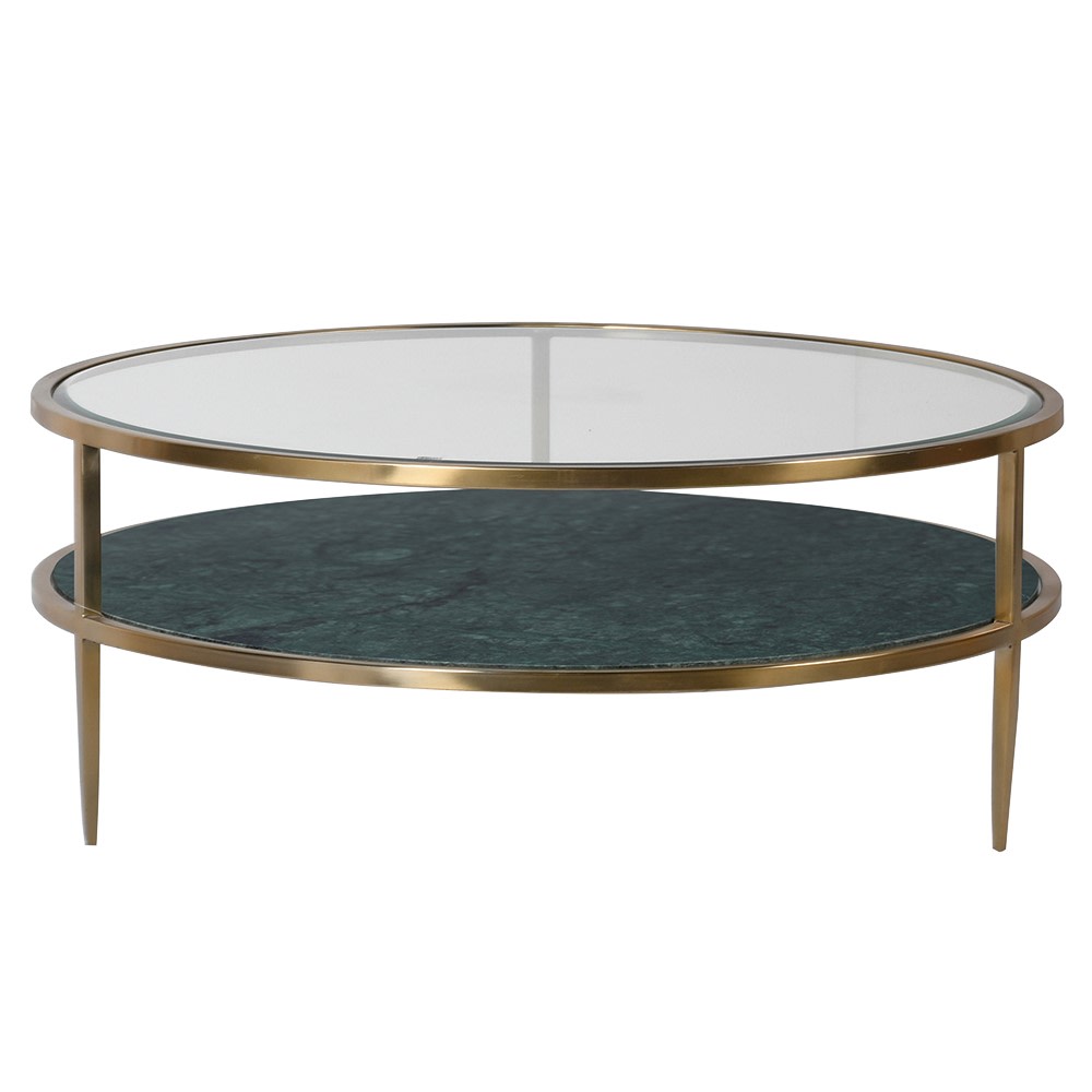 Green Marble Coffee Table with Glass Top and Stainless Steel Frame