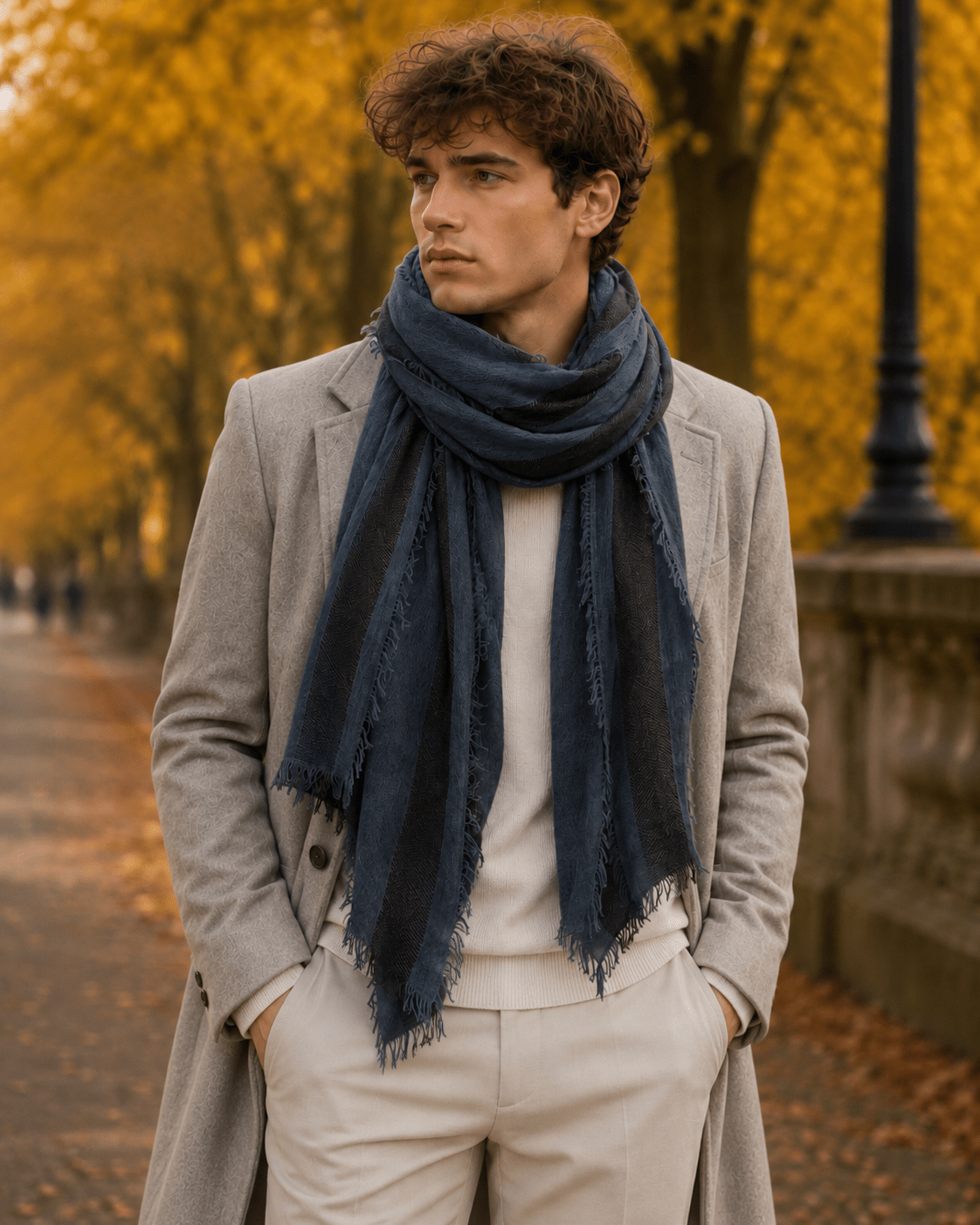 Men's striped scarf, cotton and viscose F91645 — Dark Blue