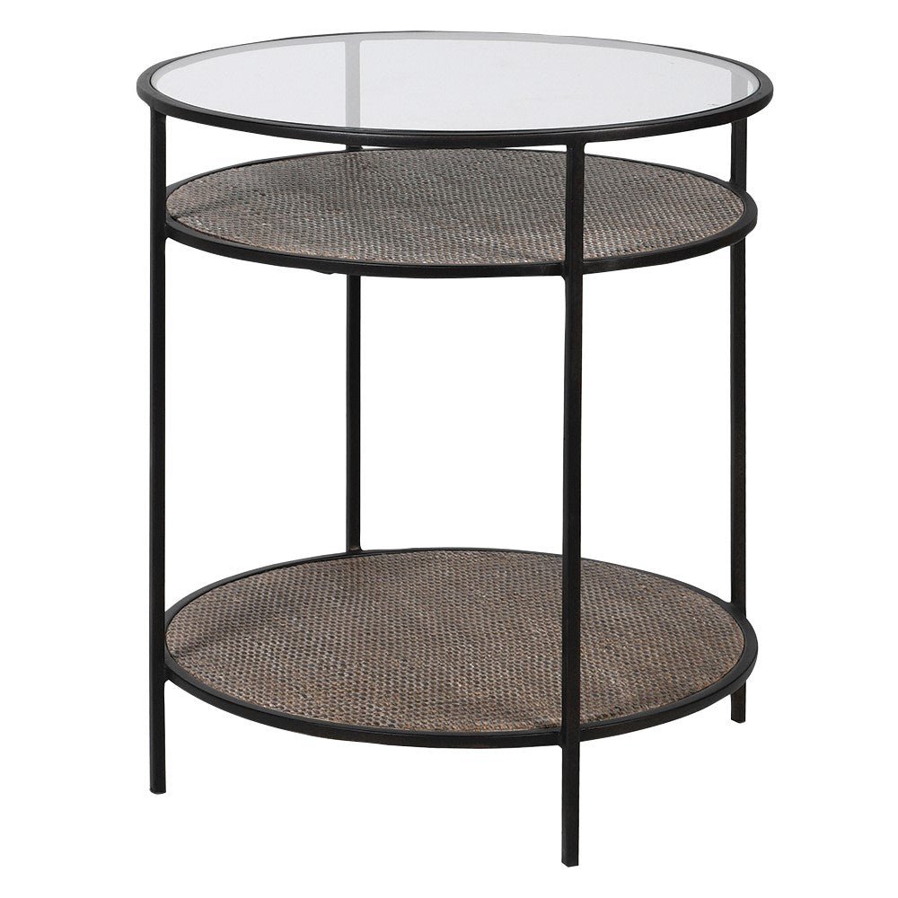 Round Glass Top Side Table with Rattan Shelf and Iron Frame