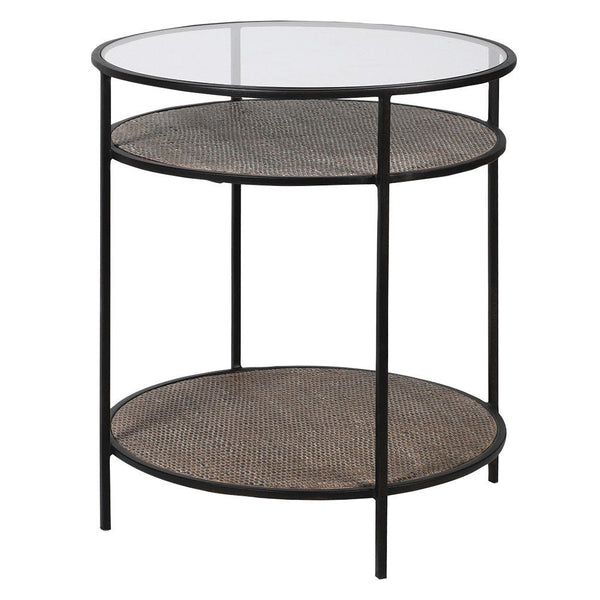 Round Glass Top Side Table with Rattan Shelf and Iron Frame