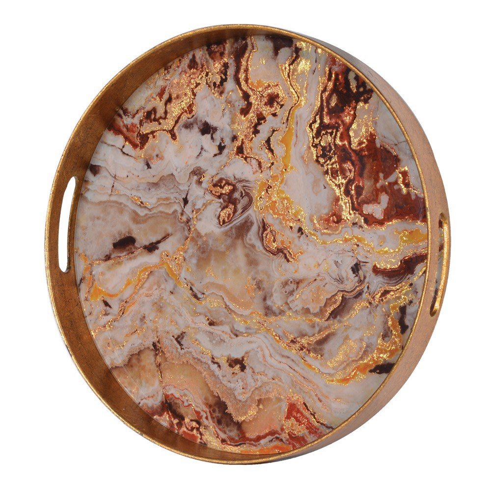 Round Marble Effect Tray - Elegant Decorative Glass Tray - LUXONAS