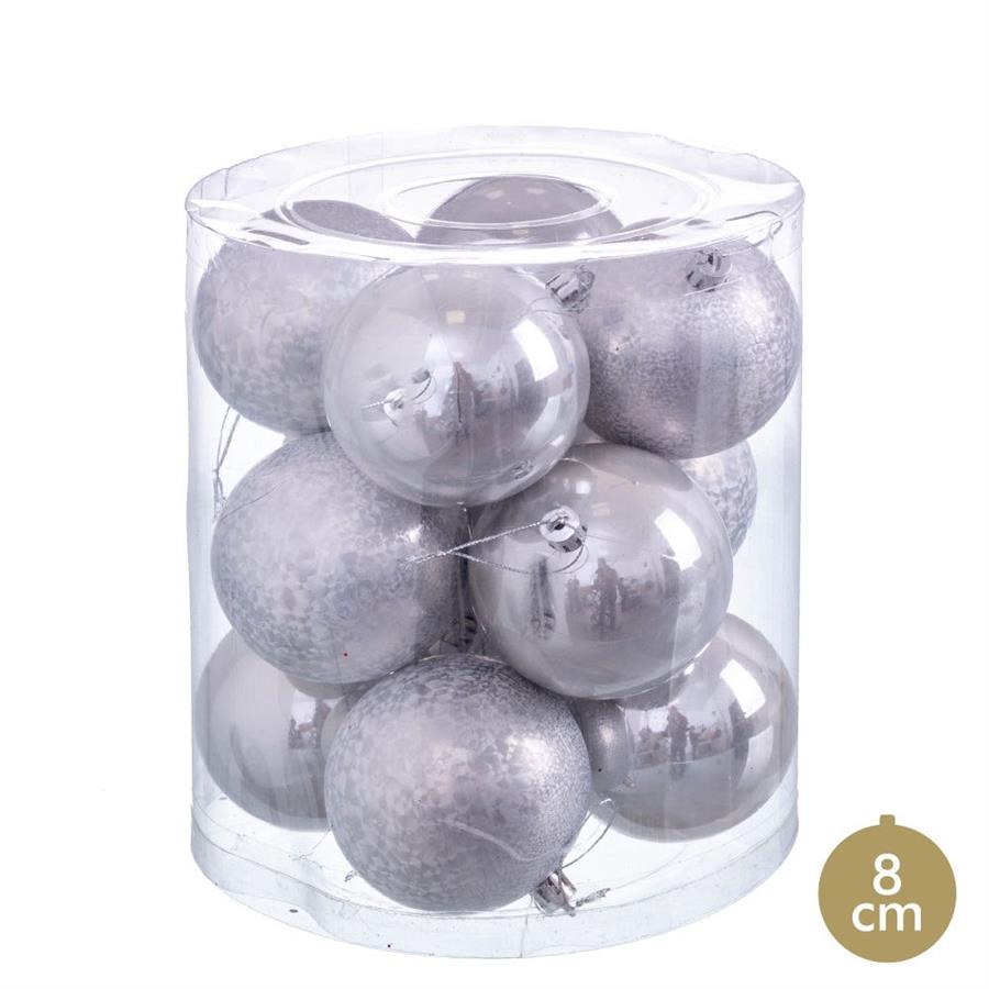 S/12 Hanging Silver Baubles 8cm