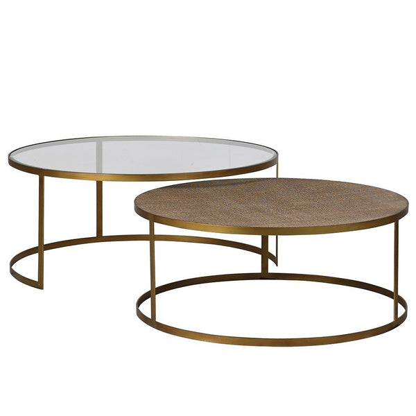 Set of 2 Nesting Round Coffee Tables with Aged Gold Finish and Rattan Detailing