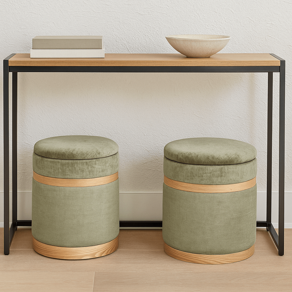 Small Green & Wood Puff - Stylish and Functional Seating Solution - LUXONAS