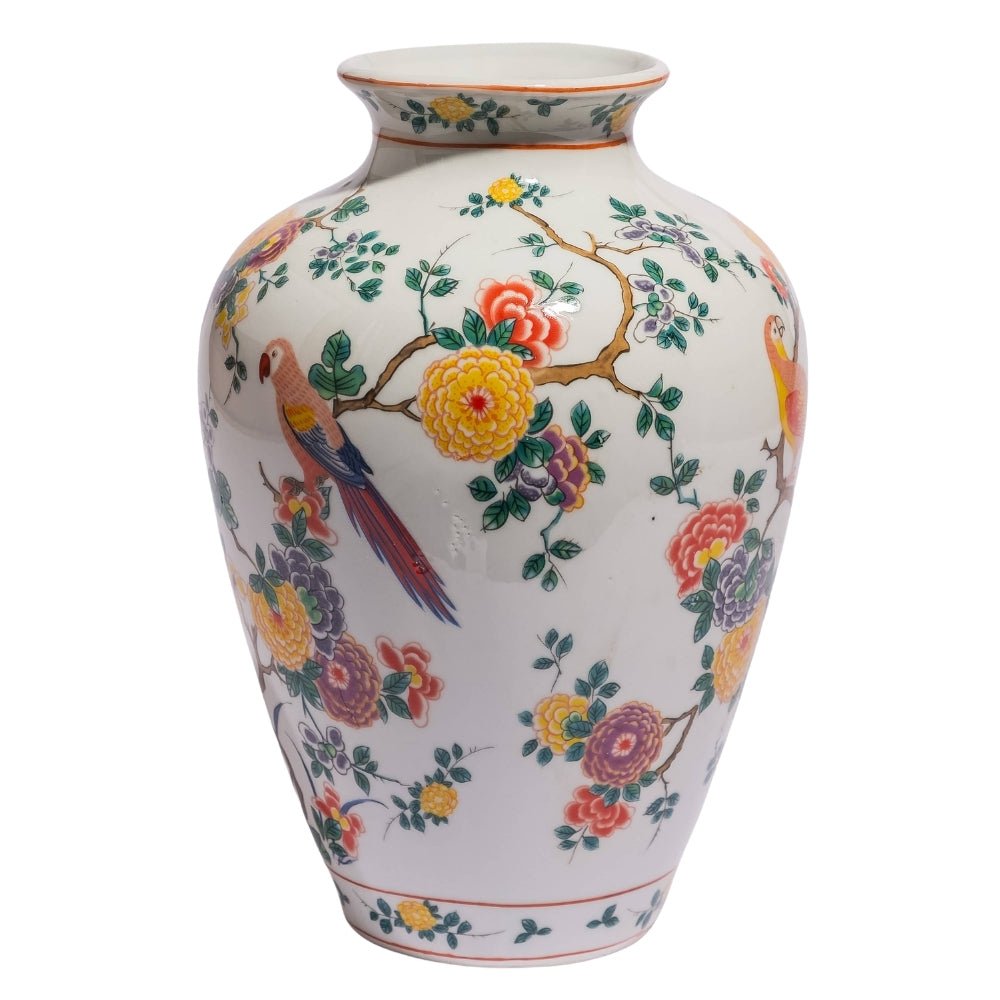 White Ceramic Vase with Floral and Tropical Bird Motifs