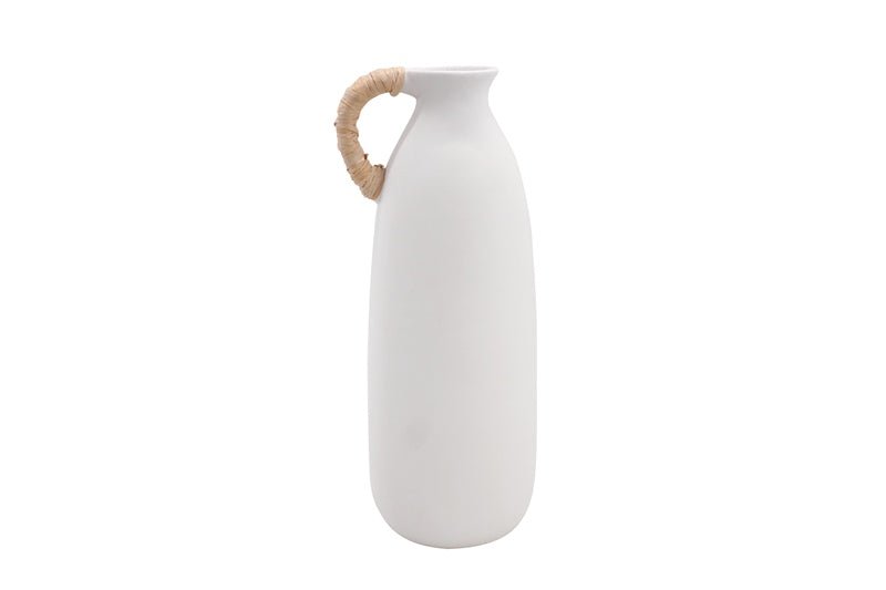 White Ceramic Vase w/Straw Handle - LUXONAS