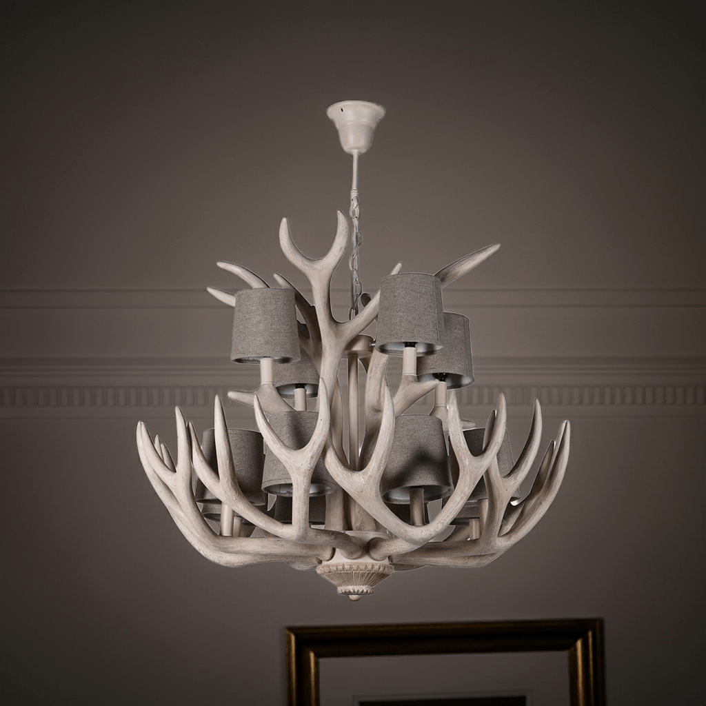 12 Bulb Antler Chandelier with Cotton Shades - LUXONAS