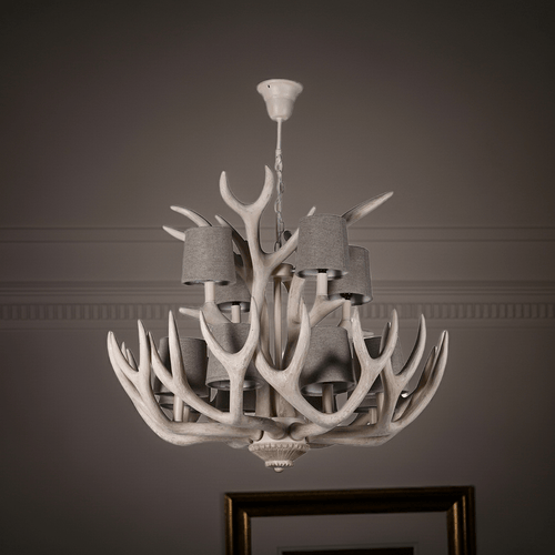12 Bulb Antler Chandelier with Cotton Shades - LUXONAS