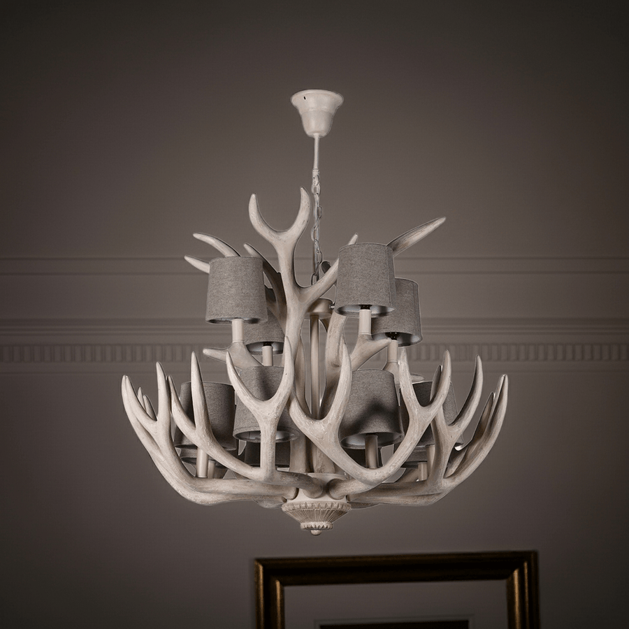 12 Bulb Antler Chandelier with Cotton Shades