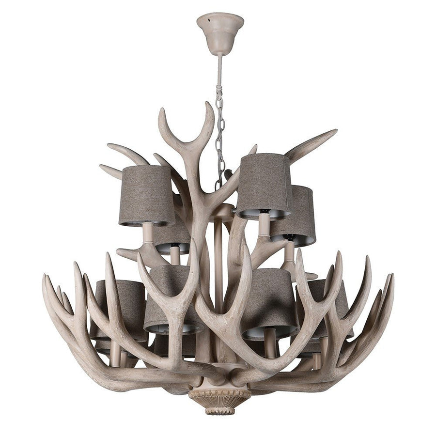 12 Bulb Antler Chandelier with Cotton Shades
