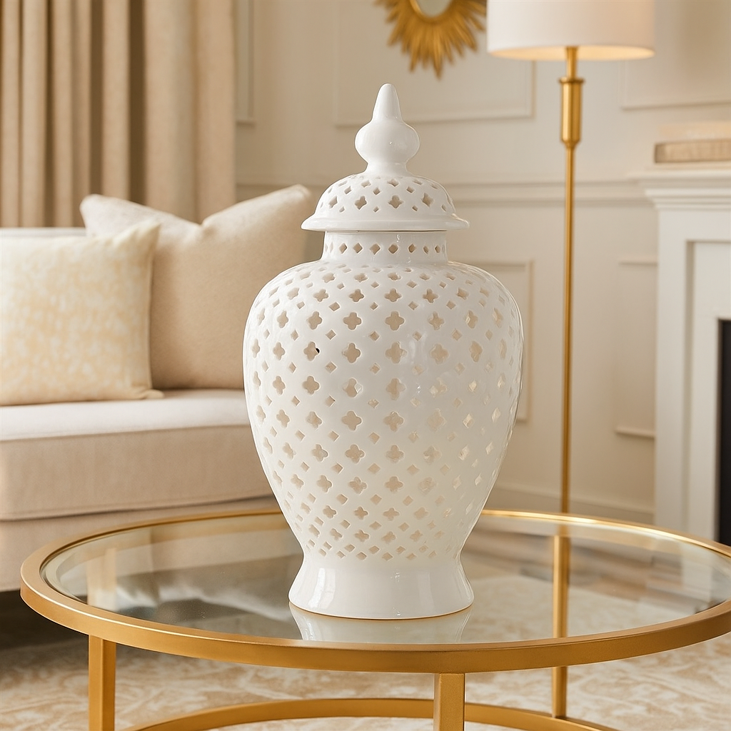 Large White Pierced Ceramic Jar