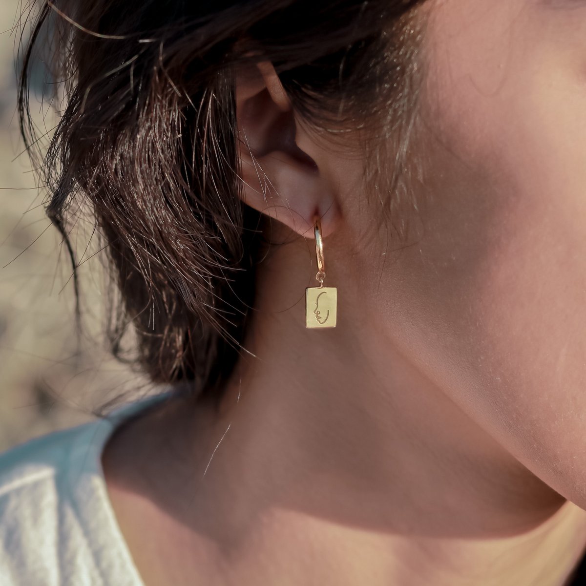 18k Gold - Plated Earrings with Pendant - Hoop Earrings with Engraved Face - Dangle Earrings in 925 Silver Gold Vermeil - KARTINI Gold - LUXONAS HOME