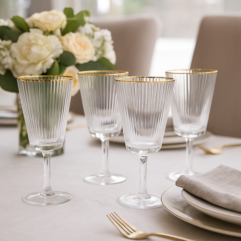 Gold Edge Ribbed Red Wine Glasses - Set of 4