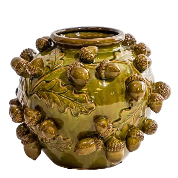 Crackle Oak Green Multi Acorn Ceramic Vase