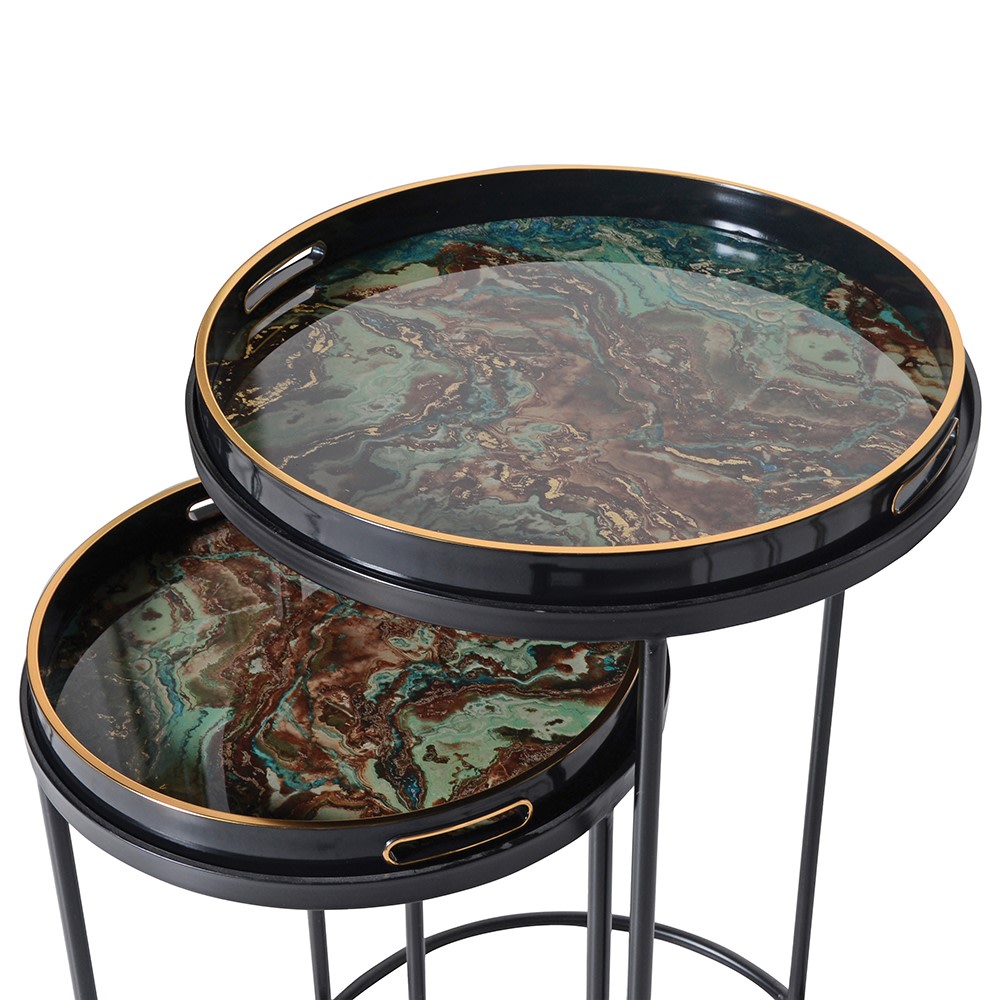 S/2 Green Marble Effect Tray Tables - Elegant and Versatile
