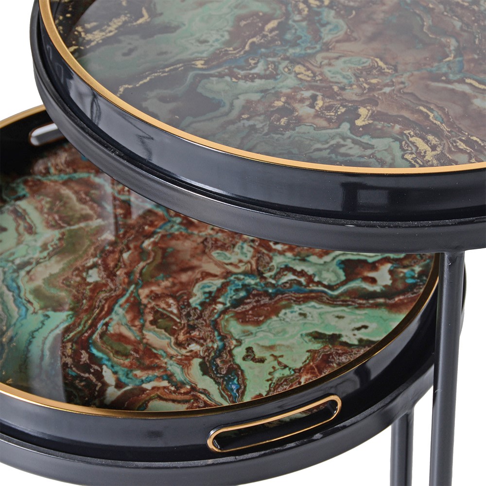 S/2 Green Marble Effect Tray Tables - Elegant and Versatile