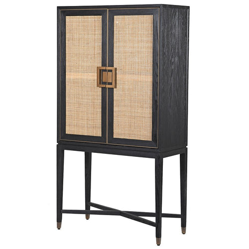 Altham bar cabinet in textured oak with a black finish and brass inlay