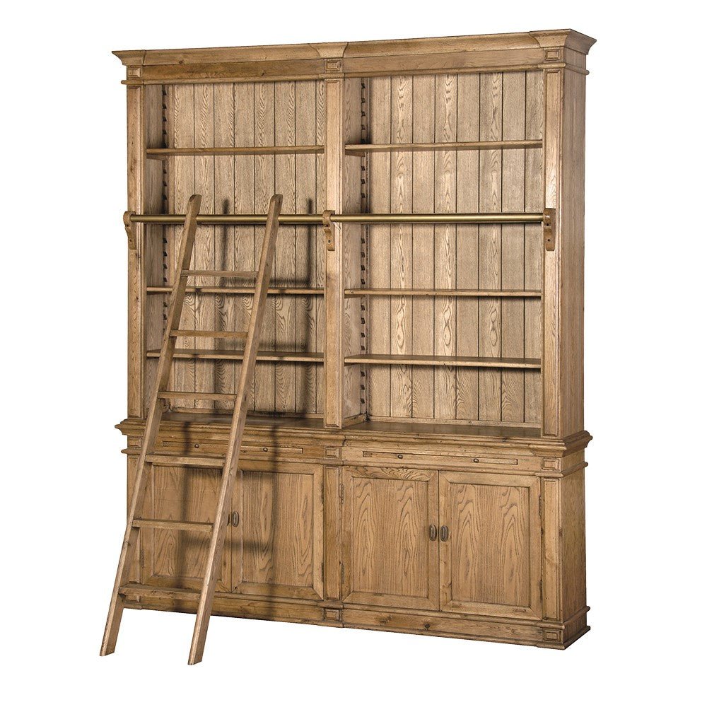 Antiqued Oak Library Bookcase with Ladder