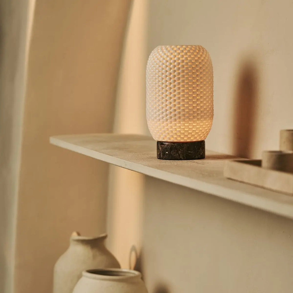 Aurora Dark Brown – Emperador Dark Marble Cordless Table Lamp | 3D - Printed Porcelain, Dimmable & Up to 100 Hours of Battery Life - LUXONAS HOME