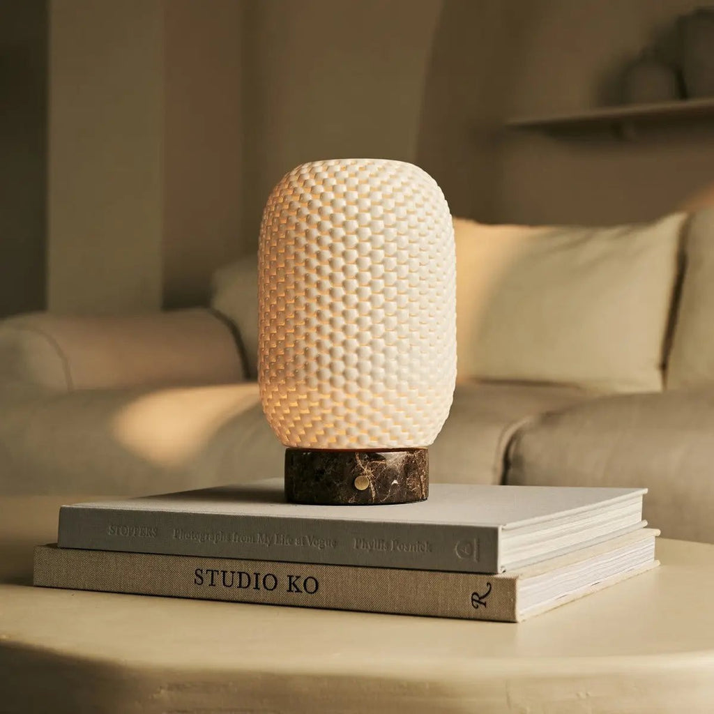 Aurora Dark Brown – Emperador Dark Marble Cordless Table Lamp | 3D - Printed Porcelain, Dimmable & Up to 100 Hours of Battery Life - LUXONAS HOME