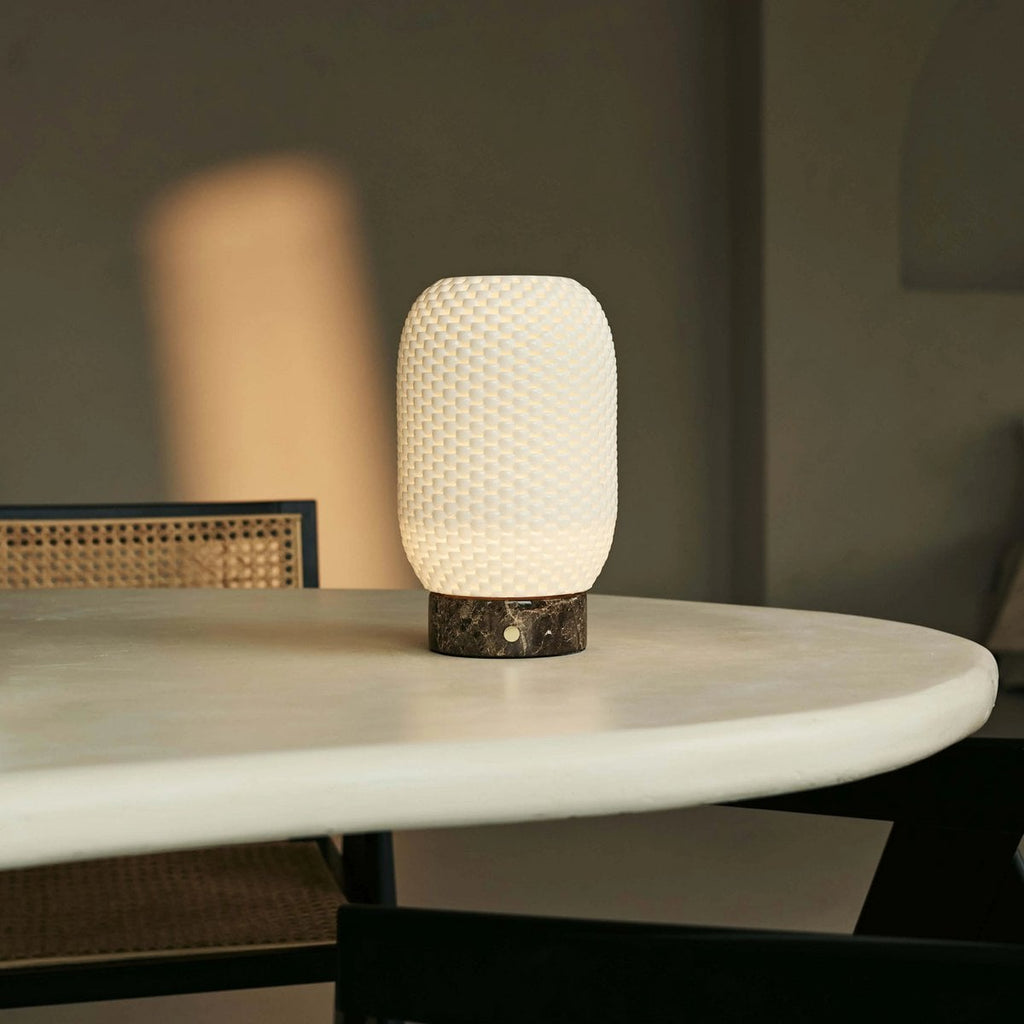 Aurora Dark Brown – Emperador Dark Marble Cordless Table Lamp | 3D - Printed Porcelain, Dimmable & Up to 100 Hours of Battery Life - LUXONAS HOME