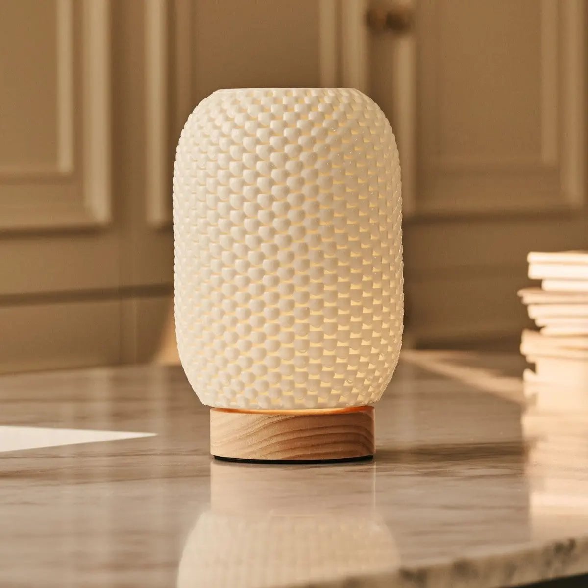 Aurora Light Brown Wooden Cordless Table Lamp | 3D - Printed Porcelain, Dimmable & Up to 100 Hours of Battery Life - LUXONAS HOME