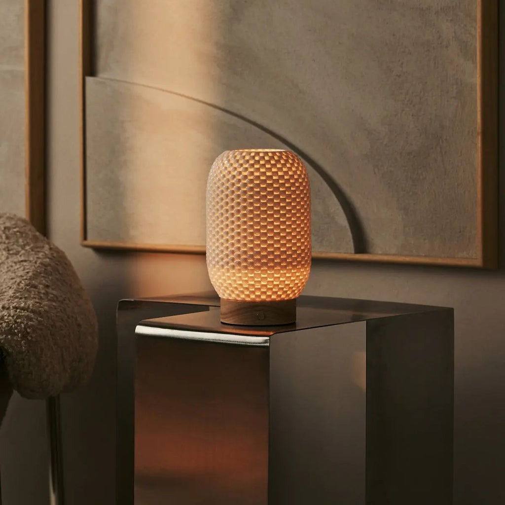 Aurora Light Brown Wooden Cordless Table Lamp | 3D - Printed Porcelain, Dimmable & Up to 100 Hours of Battery Life - LUXONAS HOME