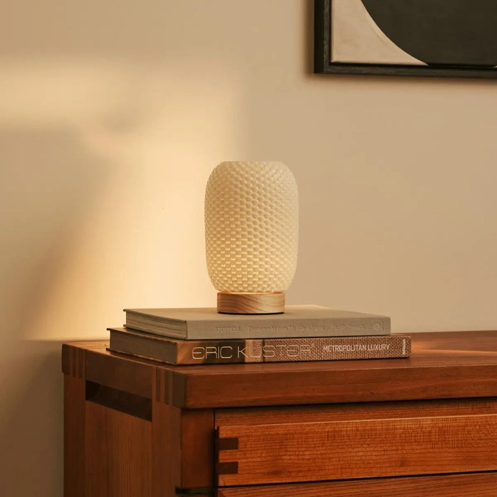 Aurora Light Brown Wooden Cordless Table Lamp | 3D - Printed Porcelain, Dimmable & Up to 100 Hours of Battery Life - LUXONAS HOME