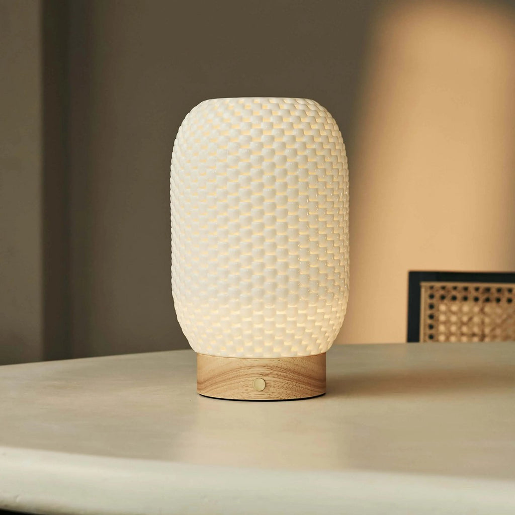 Aurora Light Brown Wooden Cordless Table Lamp | 3D - Printed Porcelain, Dimmable & Up to 100 Hours of Battery Life - LUXONAS HOME