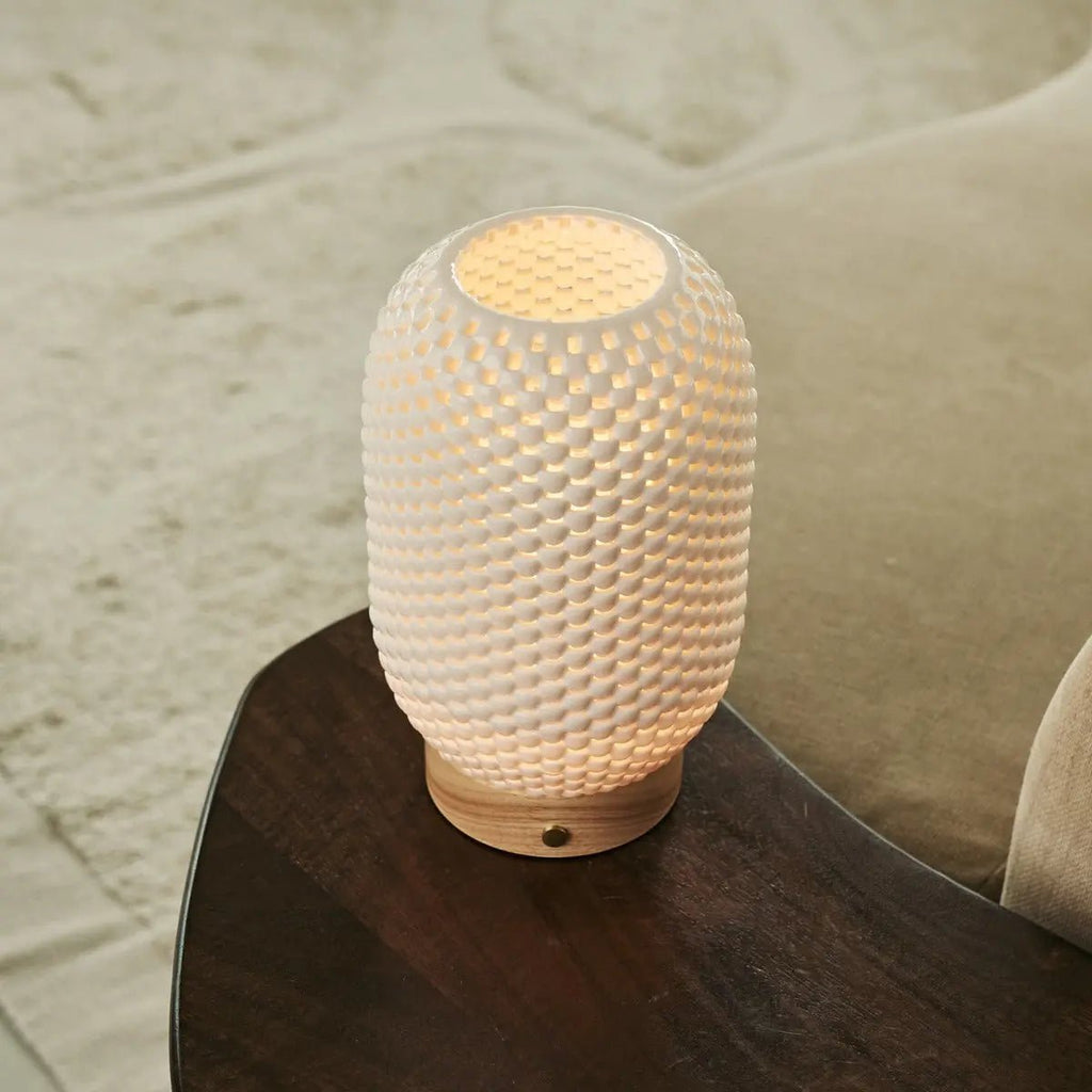 Aurora Light Brown Wooden Cordless Table Lamp | 3D - Printed Porcelain, Dimmable & Up to 100 Hours of Battery Life - LUXONAS HOME