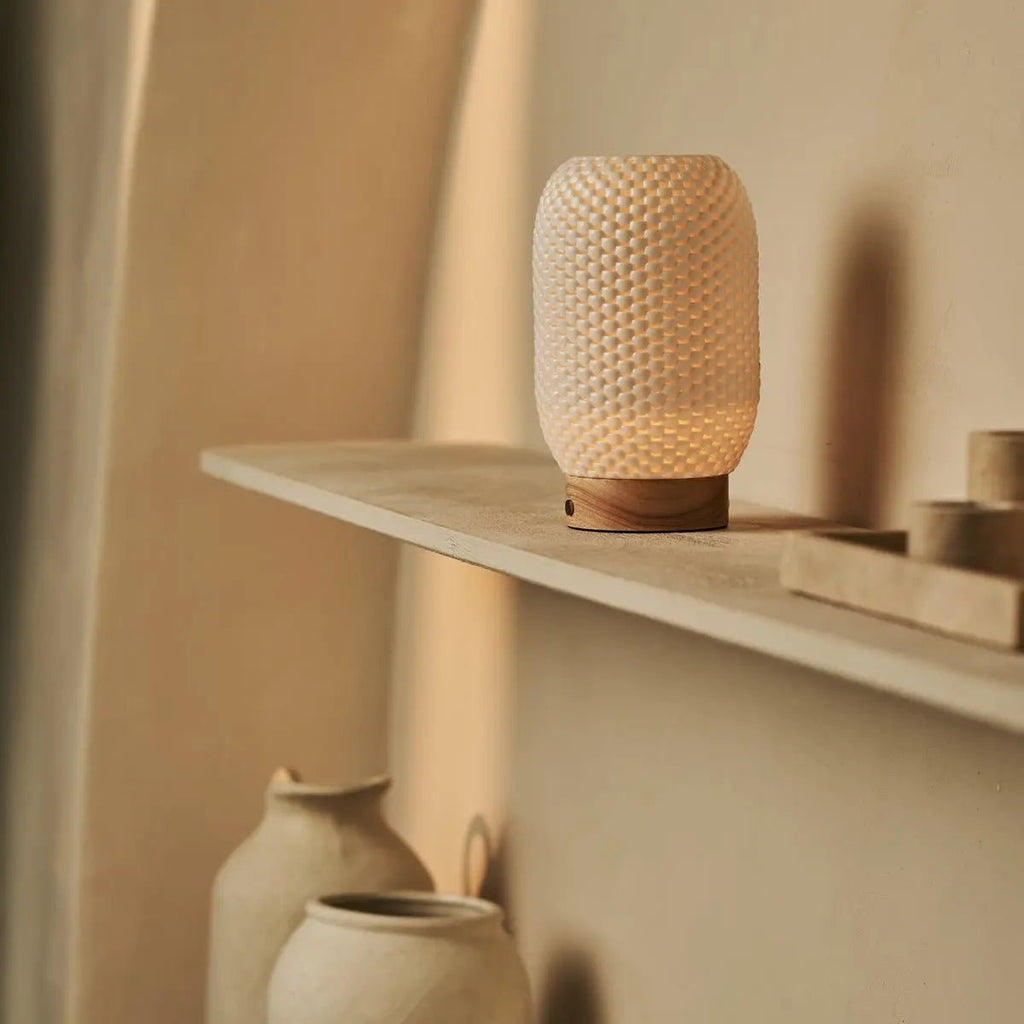 Aurora Light Brown Wooden Cordless Table Lamp | 3D - Printed Porcelain, Dimmable & Up to 100 Hours of Battery Life - LUXONAS HOME