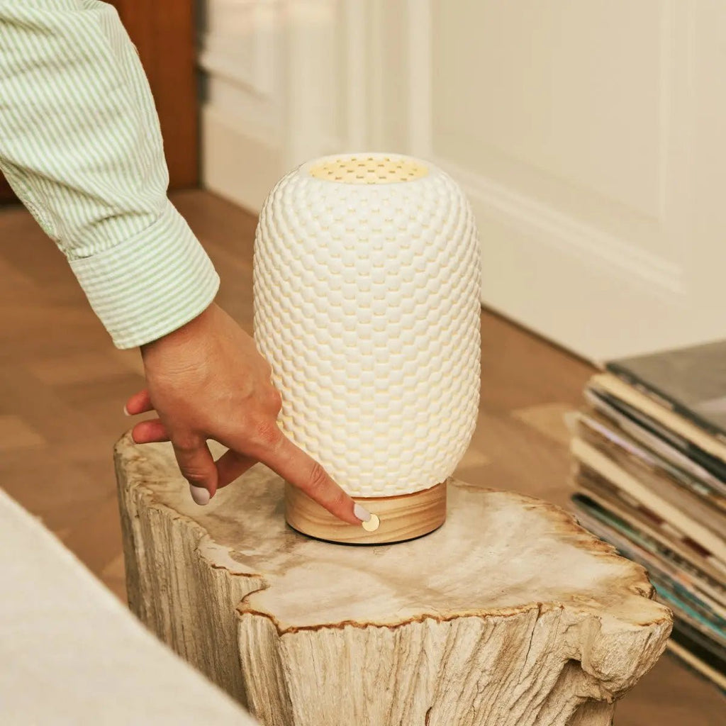 Aurora Light Brown Wooden Cordless Table Lamp | 3D - Printed Porcelain, Dimmable & Up to 100 Hours of Battery Life - LUXONAS HOME