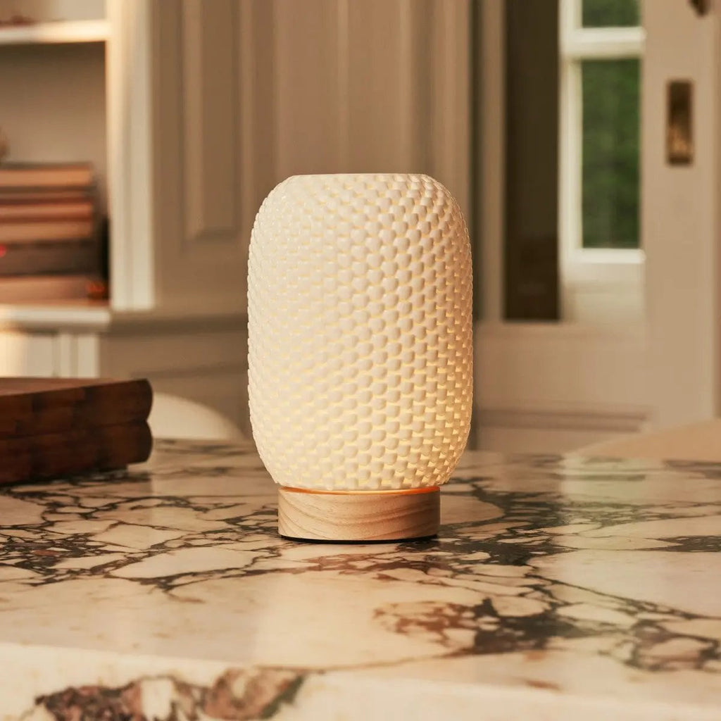 Aurora Light Brown Wooden Cordless Table Lamp | 3D - Printed Porcelain, Dimmable & Up to 100 Hours of Battery Life - LUXONAS HOME