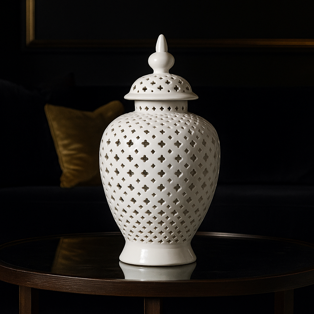 Large White Pierced Ceramic Jar