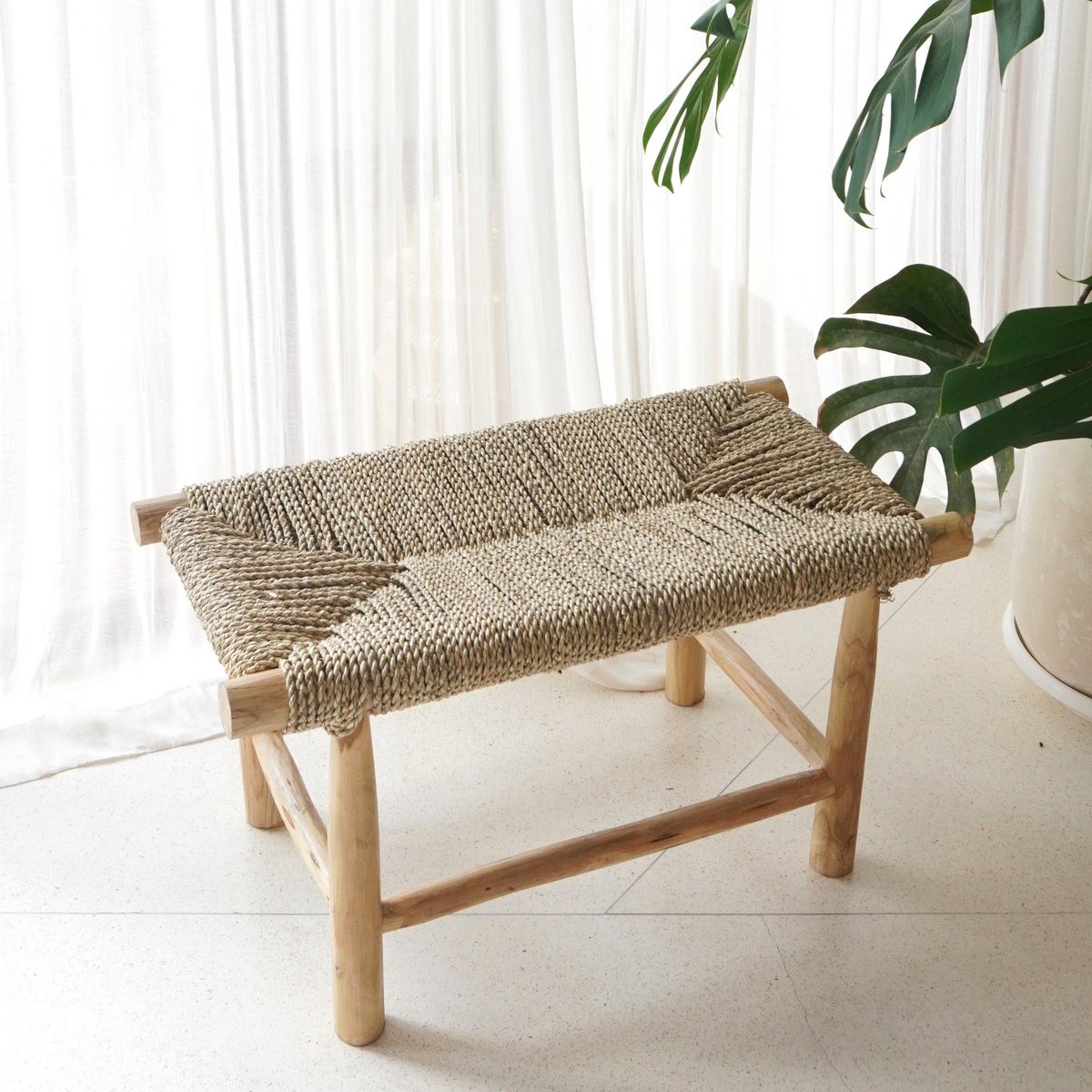 Bench SUNGAI made from Massive Wood with Seating Surface from Woven Seagrass - LUXONAS HOME