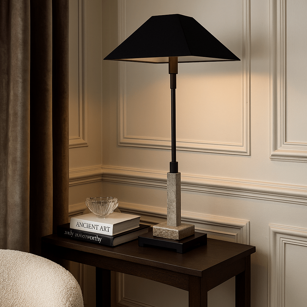 Black Marble Table Lamp with Metal Shade - LUXONAS