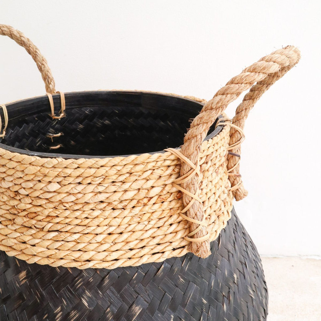 Black Plant Basket Decorative Basket Large Laundry Basket BENOA (black) Hand - woven Bamboo and Seagrass (3 sizes) - LUXONAS HOME