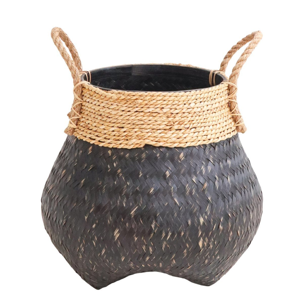 Black Plant Basket Decorative Basket Large Laundry Basket BENOA (black) Hand - woven Bamboo and Seagrass (3 sizes) - LUXONAS HOME