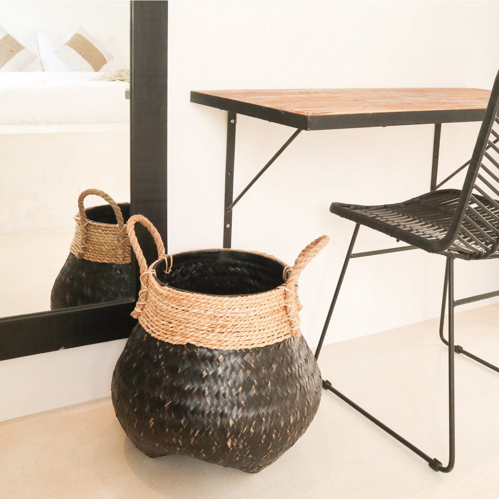 Black Plant Basket Decorative Basket Large Laundry Basket BENOA (black) Hand - woven Bamboo and Seagrass (3 sizes) - LUXONAS HOME