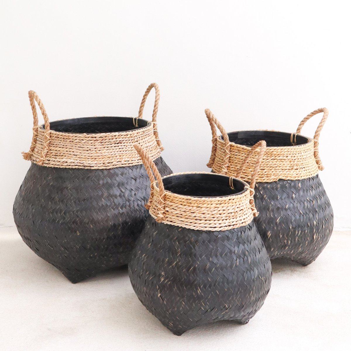 Black Plant Basket Decorative Basket Large Laundry Basket BENOA (black) Hand - woven Bamboo and Seagrass (3 sizes) - LUXONAS HOME