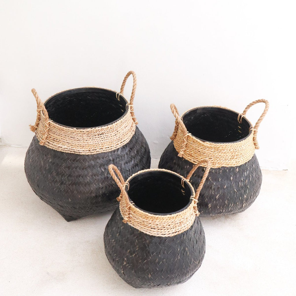 Black Plant Basket Decorative Basket Large Laundry Basket BENOA (black) Hand - woven Bamboo and Seagrass (3 sizes) - LUXONAS HOME