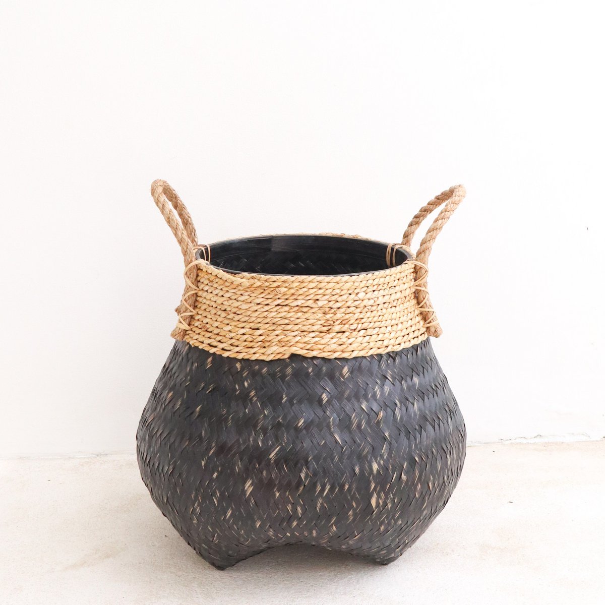 Black Plant Basket Decorative Basket Large Laundry Basket BENOA (black) Hand - woven Bamboo and Seagrass (3 sizes) - LUXONAS HOME